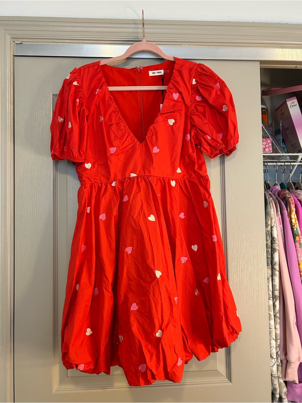 Red Heart-Print Puff Sleeve Mini Dress